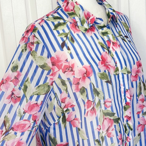 Talbots Sheer Floral Blue Stripe Print Long Sleeve Button Down Shirt XL - Picture 5 of 16